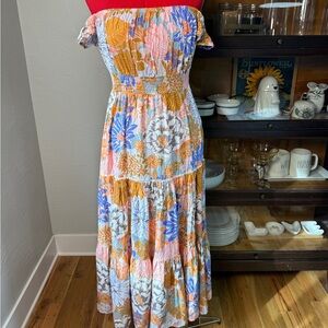 NWOT Abel The Label Off Shoulder Floral Maxi Dress Boho Tiered 100% Rayon Size S